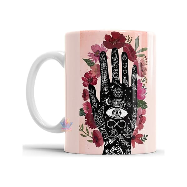 Taza Cerámica Meditación Cartas Tarot Ojo Sol Mano Flores - Imagen 3